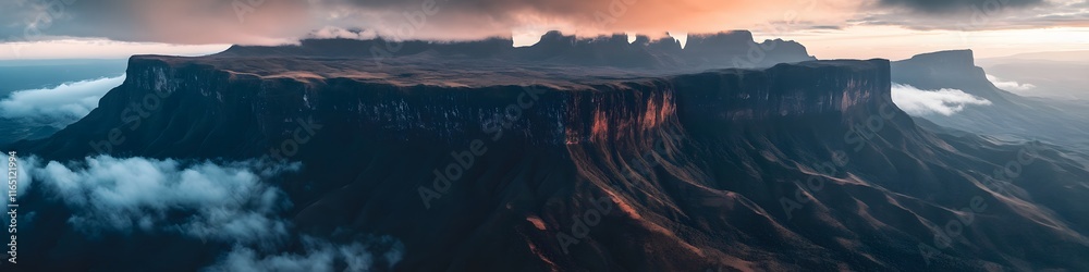 Poster aerial panorama of the surrounding savannah and jagged peaks of mount roraima, with rolling hills gl