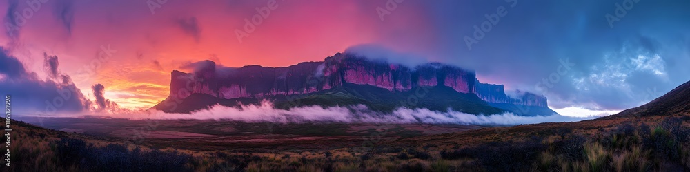 Aufkleber panoramic view of mount roraima glowing under fiery sunset hues, with swirling mist adding depth and