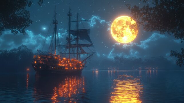 A majestic antique sailing ship at night, illuminated by a large orange moon, reflecting on calm water.