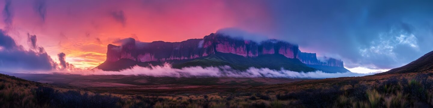 Panoramic view of Mount Roraima glowing under fiery sunset hues, with swirling mist adding depth and mystery to the landscape, in 4K resolution