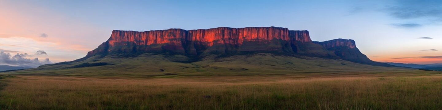 Panoramic view of Mount Roraima glowing under the soft hues of dawn, with the surrounding savannah stretching endlessly into the horizon, in 4K resolution