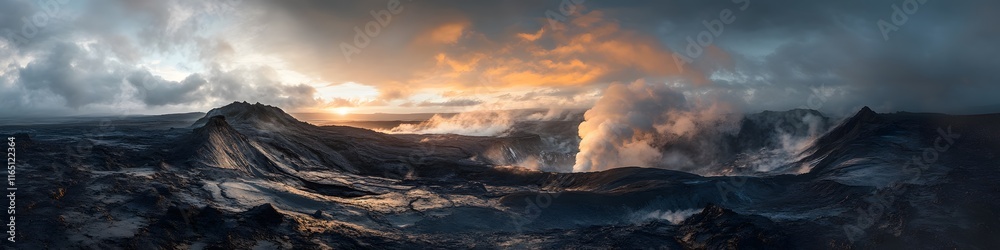 Aufkleber panoramic view of a dramatic volcanic landscape with steaming vents and dynamic shadows cast by the 