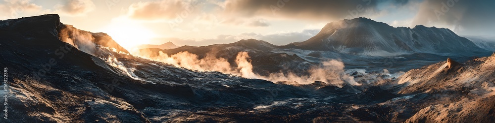 Poster Panoramic view of a dramatic volcanic landscape with steaming vents and dynamic shadows cast by the golden hour light, in 4K resolution