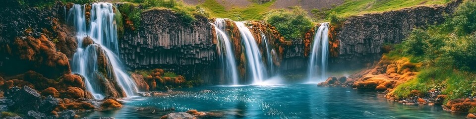 Obraz premium Panoramic view of cascading waterfalls surrounded by colorful geothermal pools and lush summer greenery, in 4K resolution