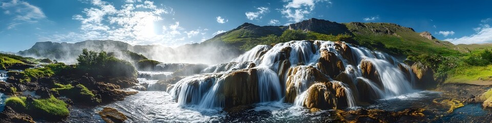 Obraz premium Panoramic view of cascading waterfalls flowing through the Valley of Geysers, with mist glowing under bright midday sunlight, in 4K resolution