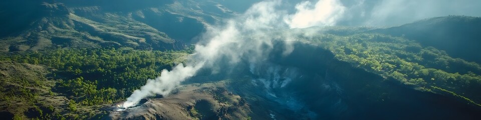 Obraz premium Aerial panorama of the valley framed by volcanic cliffs, with steaming geysers and lush greenery creating a dynamic contrast, in 4K resolution