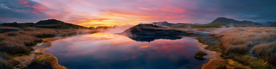 Fototapeta premium Wide shot of a serene geothermal spring glowing under the fiery hues of sunset, with vibrant reflections and colorful moss, in 4K resolution