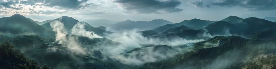 Obraz premium Panoramic view of the valley with steam clouds rising from multiple geothermal features, creating a surreal and dynamic atmosphere, in 4K resolution