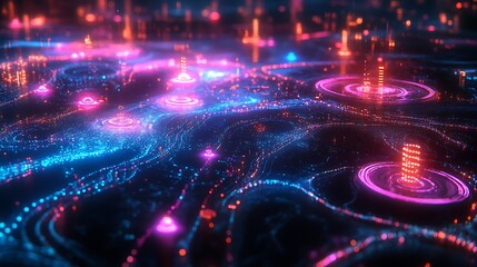 Fototapeta premium A conceptual global map showing AI-driven data flows, luminous streams of light connecting glowing data nodes across continents, surrounded by digital holographic analytics, high-tech design,