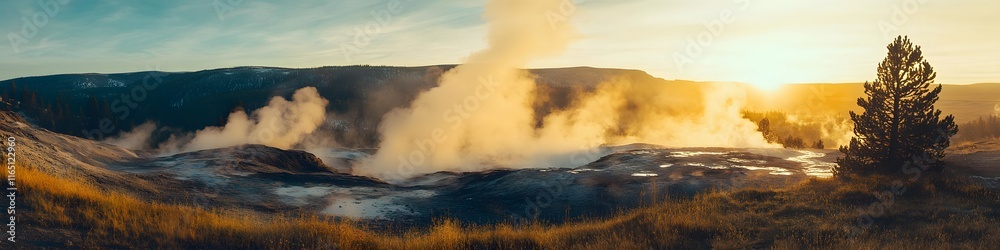 Aufkleber panoramic view of the valley illuminated by the soft hues of sunrise, with steaming geysers creating
