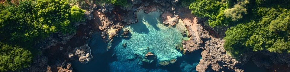 Obraz premium Aerial panorama of vibrant geothermal pools surrounded by jagged cliffs and lush vegetation glowing under bright summer light, in 4K resolution