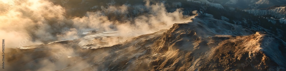 Poster aerial panorama of the valley of geysers surrounded by towering cliffs and dynamic steam clouds glow