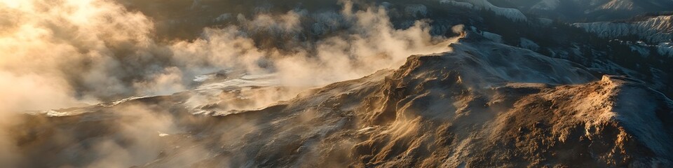 Fototapeta premium Aerial panorama of the Valley of Geysers surrounded by towering cliffs and dynamic steam clouds glowing under golden hour light, in 4K resolution