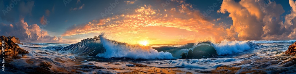 Poster panoramic view of the wave s sandstone layers illuminated by vibrant hues of sunrise, with dynamic t