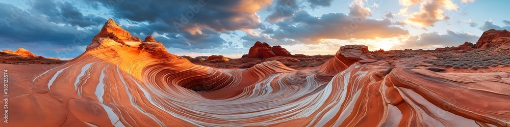Poster wide-angle shot of the wave s surreal patterns glowing under golden hour light, with dramatic clouds