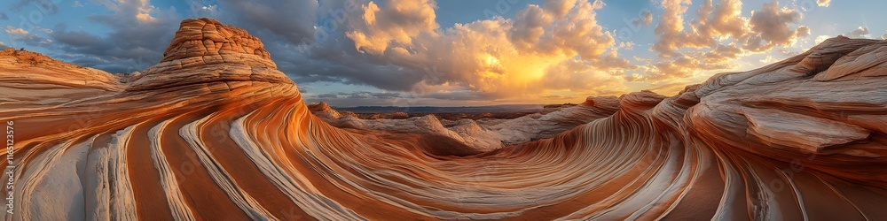 Poster wide-angle shot of the wave s surreal patterns glowing under golden hour light, with dramatic clouds