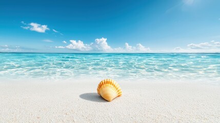 Obraz premium Shell on White Sand Beach with Clear Blue Water