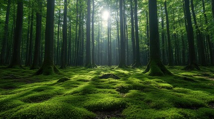 Sunlit forest path with lush green moss covering the ground.