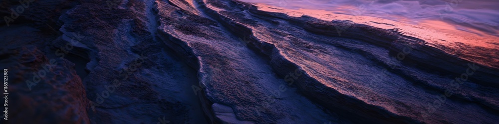 Poster wide shot of the wave s unique sandstone patterns illuminated by soft twilight hues, with dramatic s