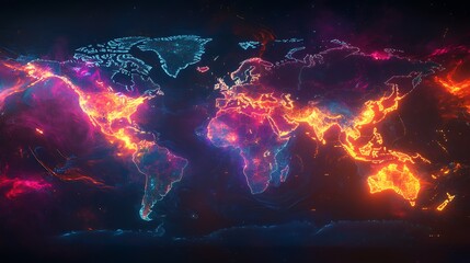 A conceptual world map with glowing holographic overlays, vibrant neon data visualizations, flowing light streams connecting key regions, and intricate digital grid textures, cinematic and vivid.