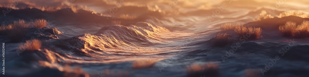 Poster wide shot of the wave s intricate textures illuminated by golden hour light, with distant mesas and 