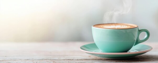 Pastel coffee concept. A steaming cup of coffee in a turquoise mug on a wooden table, cozy ambiance.