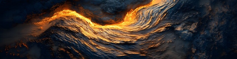 Aerial panorama of The Wave s swirling textures glowing under golden hour light, with the rugged...