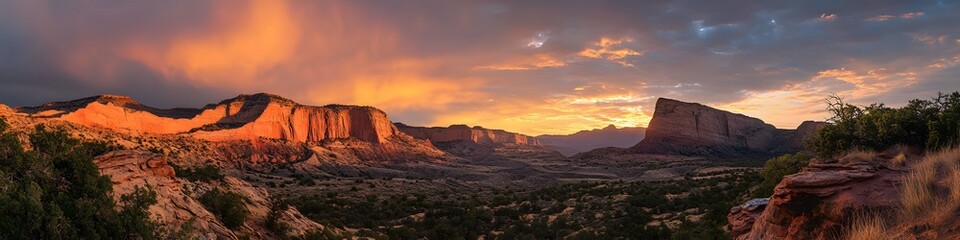 Naklejka premium Panoramic view of The Wave s sandstone formations glowing under fiery sunset hues, with rugged cliffs and desert vegetation creating a cinematic backdrop, in 4K resolution