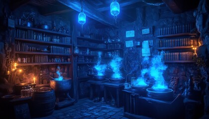 Mystical Alchemist s Workshop Ethereal Blue Potions Brewing in a Dark Ancient Laboratory