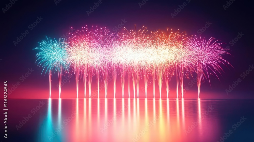 Poster Fireworks abstract background idea. Colorful fireworks display reflecting in a serene lake at night, creating a magical atmosphere.