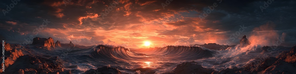 Aufkleber panoramic view of the wave s swirling patterns glowing under fiery sunset hues, with rugged desert c