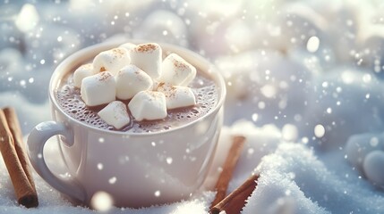 Fototapeta premium Warm Cocoa Drink with Marshmallows in Winter Snow