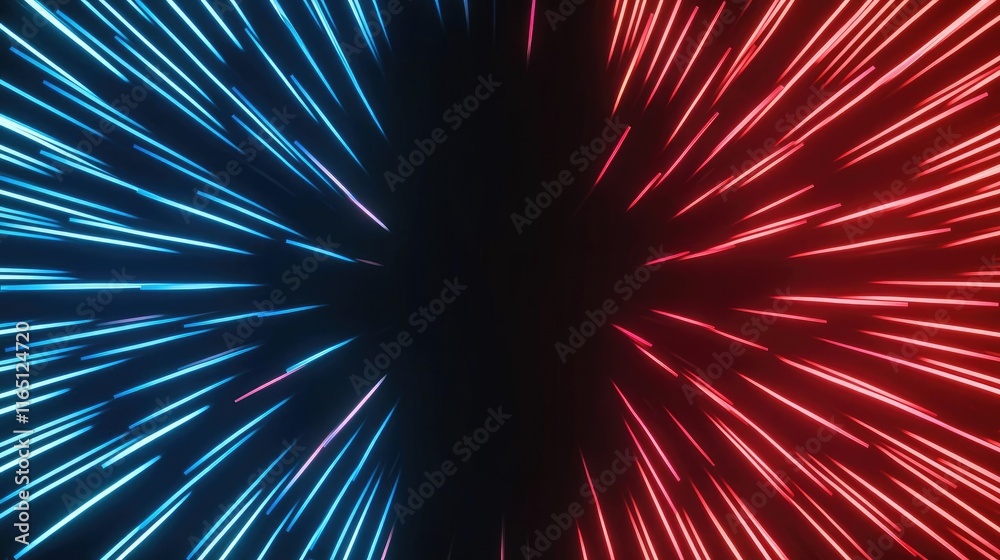 Poster Fireworks abstract background idea. Vibrant abstract light beams in red and blue creating dynamic visual energy.
