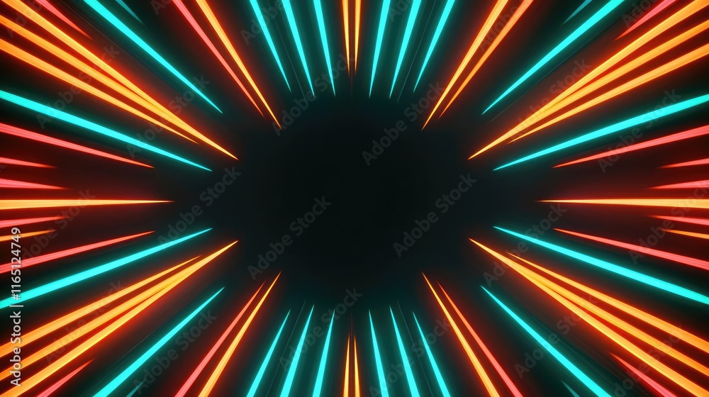 Poster fireworks abstract background idea. vibrant light burst with colorful rays radiating from a dark cen
