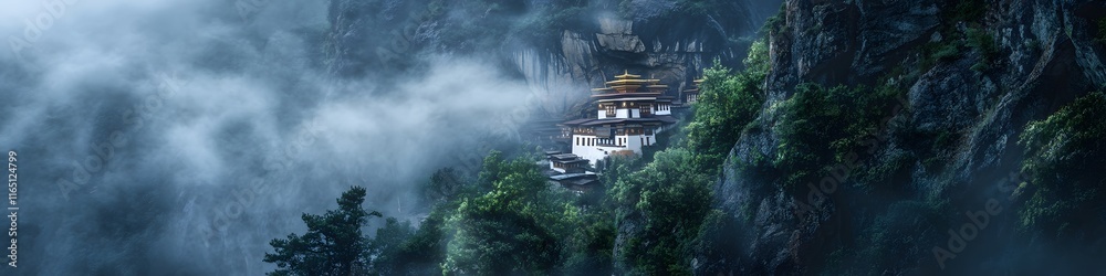 Poster panoramic view of tiger s nest monastery perched on a cliff surrounded by swirling mist and lush gre