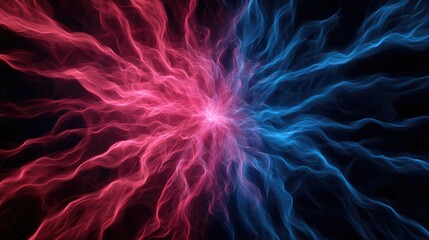 Fototapeta premium Fireworks abstract background idea. Vibrant energy waves in pink and blue radiating against a dark backdrop, symbolizing motion.