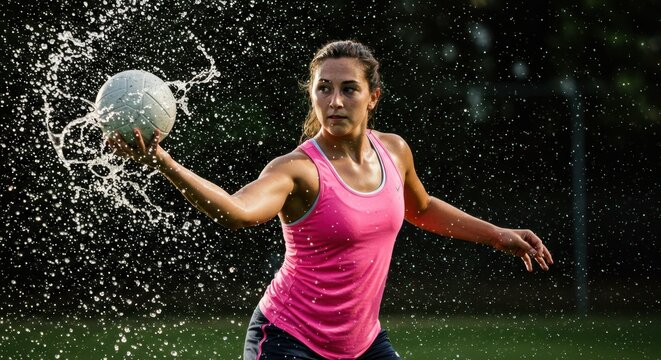 Female athlete splashing water while playing handball outdoors