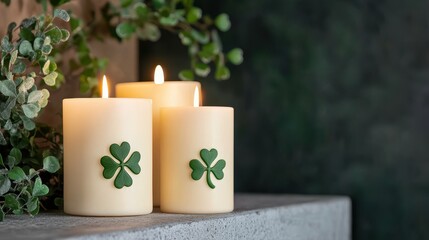 St. Patrick's Day Handmade Decoration Concept, Decorative Candles with Carved Clover Motifs Ideal for Home Decor and Festive Occasions