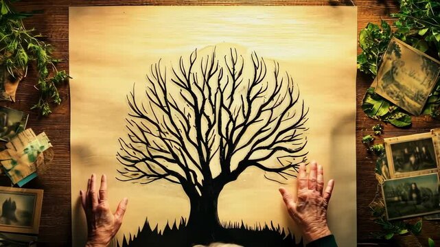 Elderly woman crafting family tree art surrounded by vintage photographs and greenery