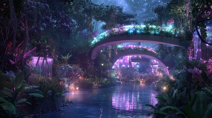 Obraz premium Tranquil Night in a Quantum-Infused Botanical Garden - Futuristic Concept Artwork