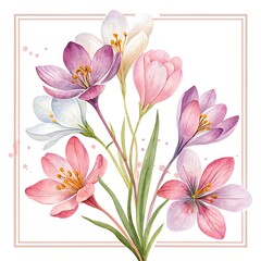 Fototapeta premium colorful crocus flowers watercolor illustration-watercolor illustration of blooming crocus flowers in vibrant shades of purple, pink, yellow, and white, symbolizing spring, beauty, and renewal. 