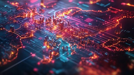 Obraz premium A cyber-themed business flow map featuring luminous light streams connecting cities, glowing nodes representing economic hubs, layered with holographic analytics, and a futuristic gradient background,