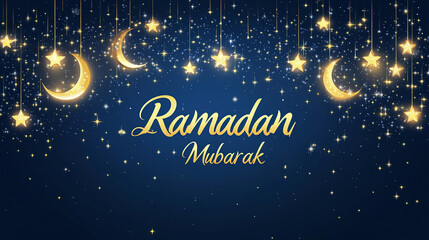 Fototapeta premium Ramadan Banner with Oriental Lanterns and Crescent Moon on Night Blue Background