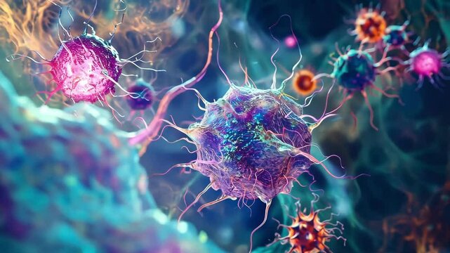 Detailed 3D rendering of cancer cells in an oncological research context with dynamic movement