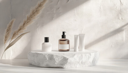 Elegant Skincare Products Display on White Marble Pedestal with Pampas Grass