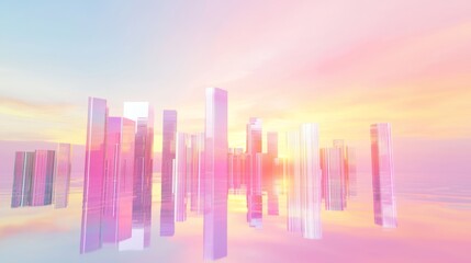 Fototapeta premium QuantumPunk Cityscape: Futuristic Sunrise in Ultra-Detailed 3D Render Digital Artwork