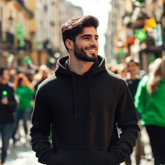 Fototapeta premium Guy wearing black hoodie, stands on city street during parade, festival celebrating St. Patrick's Day. Handsome young man model in basic Gildan 18500 mockup. Men's casual t-shirt mock up, outdoor