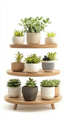 Fototapeta premium Stylish Wooden Plant Stand with Succulents and Pots - A Modern Home Decor Piece