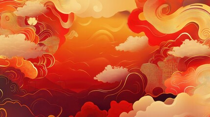Dynamic Lunar New Year theme with red and gold gradients, swirling clouds, and glowing ornamental accents.