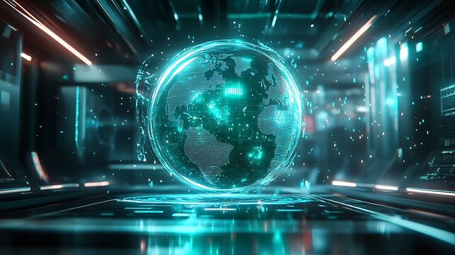 A futuristic 3D globe surrounded by floating graphs and data points, with dynamic lines and glowing overlays, vibrant electric blue and green tones, sharp digital details,